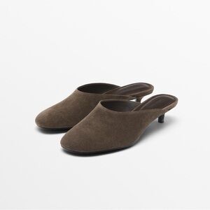 NWT. Massimo Dutti Taupe Split Suede High-Heel Slingback Shoes. Size 7,5.